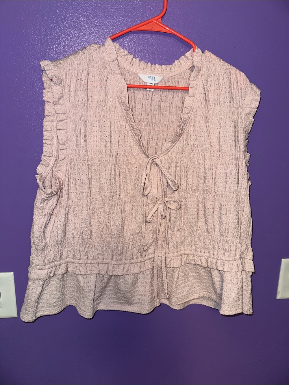 Time and Tru Blush Pink Textured Tie-Front Ruffle Peplum Top